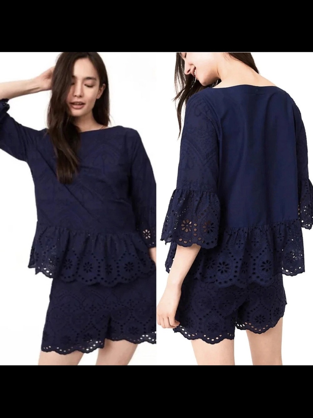 Ann Taylor Loft Womens Eyelet Embroidered Peplum Blouse Size M Navy Blue Boho